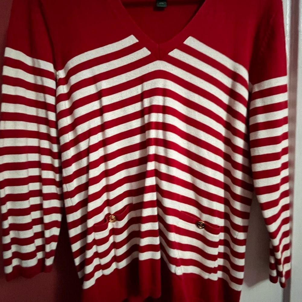 Ralph Lauren Red and White Striped V-Neck Sweater